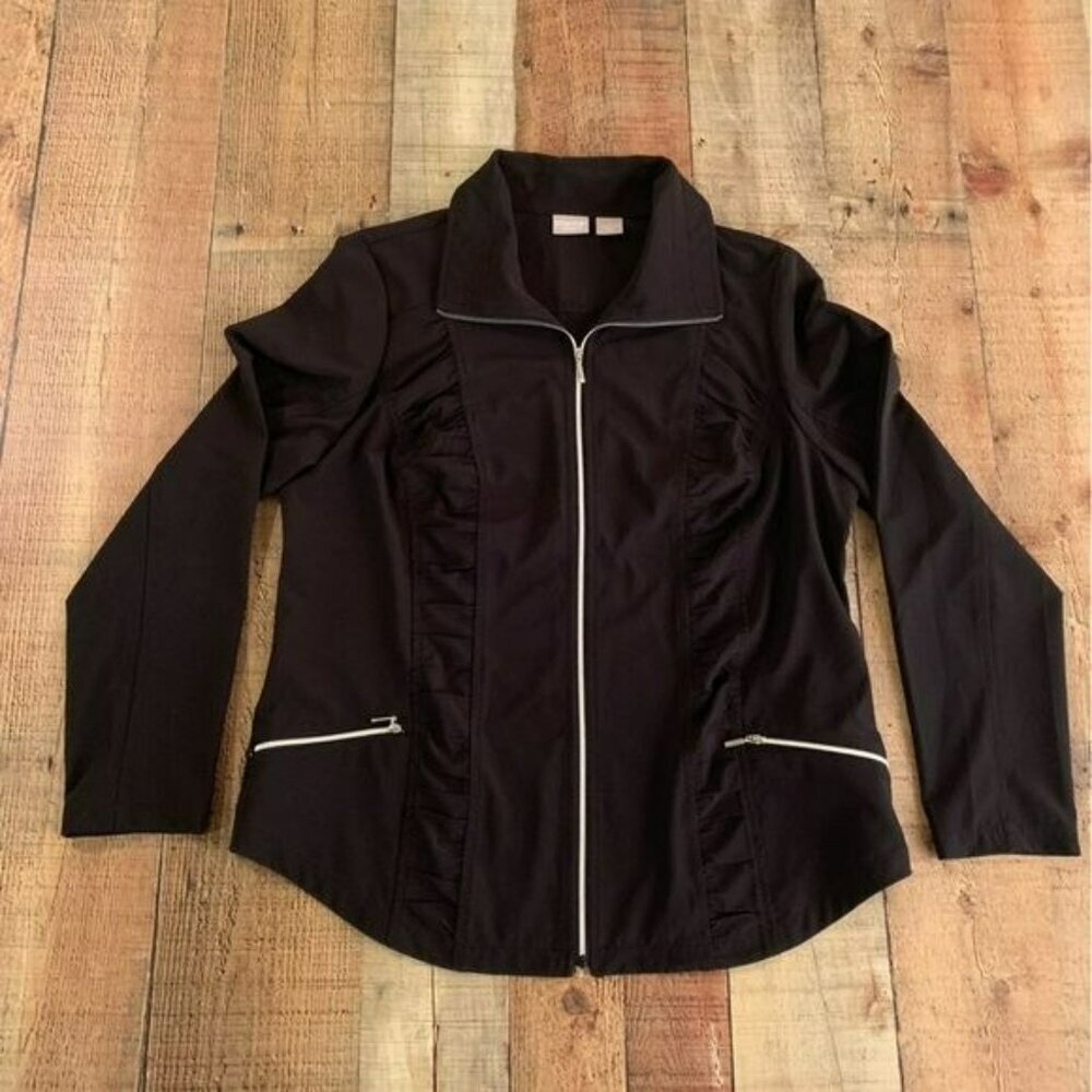 Chico’s womens black full zip lightweight top with ruffle detail -1